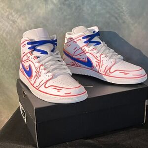 Custom Nike Air Jordan 1 Mid White Blue Red Cartoon Sketch Sneakers Mens Size 11
